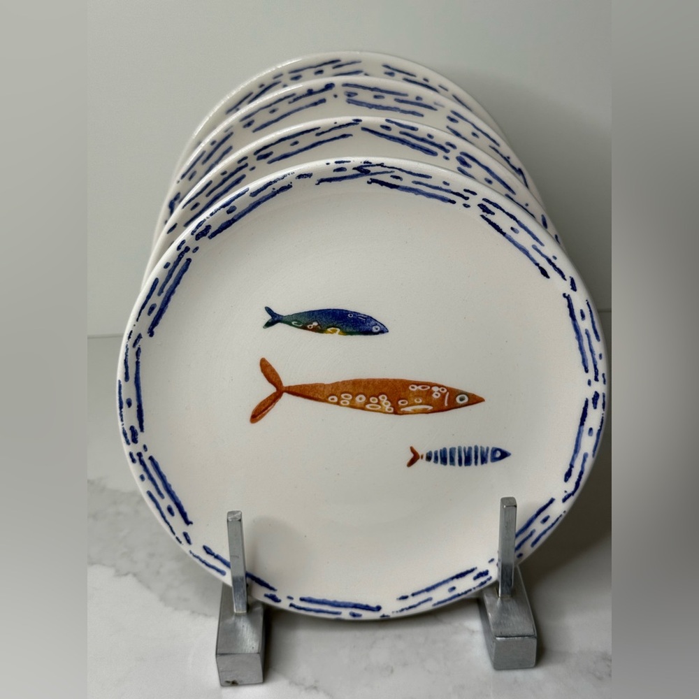4 Papart Seramik 8” SALAD PLATES Fish Coastal Nautical Hand Painted Turkey New - Picture 5 of 11